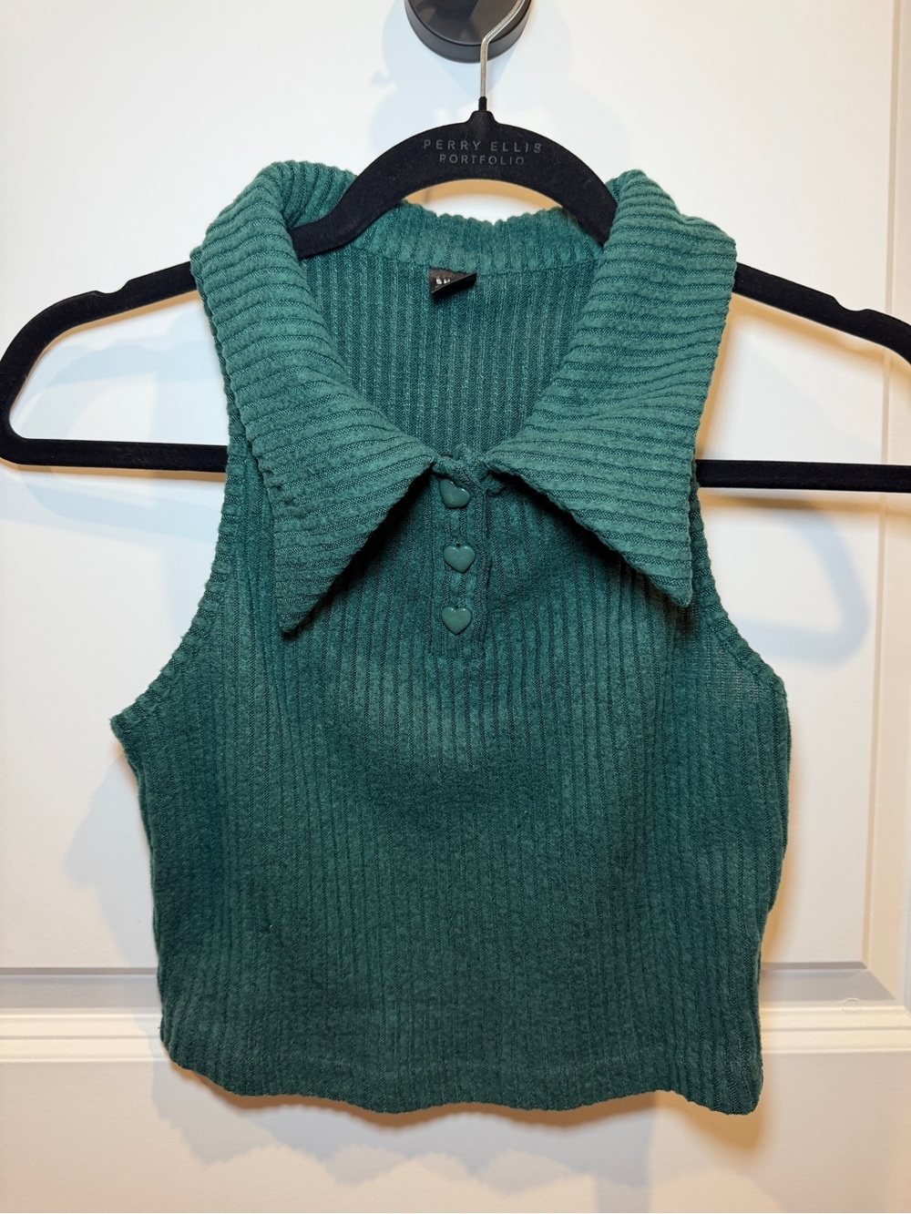 SHEIN Teal Ribbed Sleeveless Polo Tank with Heart Buttons